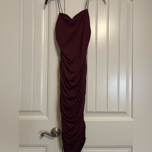 Burgundy Ruched Spaghetti Strap Bodycon Dress